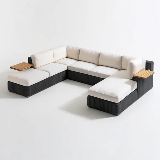 Modułowy narożnik ogrodowy w kształcie U z technorattanu, czarny/kremowy/brązowy, 300 x 220 x 75 cm