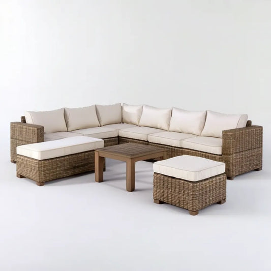 Ogrodowy narożnik z technorattanu Brązowy/Kremowy 300 x 210 x 65 cm ze stolikiem i pufą