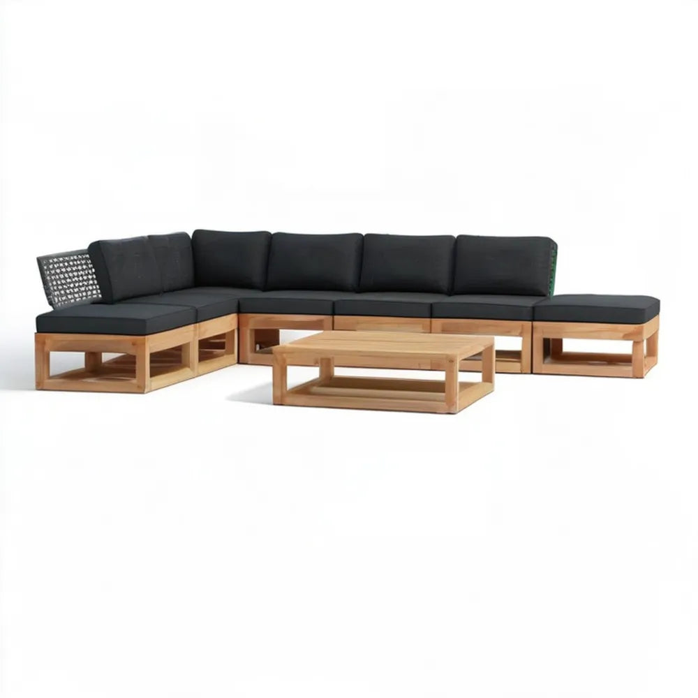 Narożny zestaw wypoczynkowy z litego drewna akacjowego, naturalny brąz/czarny, 300 x 220 x 68 cm ze stolikiem 120 x 60 x 35 cm