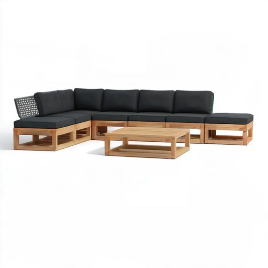 Narożny zestaw wypoczynkowy z litego drewna akacjowego, naturalny brąz/czarny, 300 x 220 x 68 cm ze stolikiem 120 x 60 x 35 cm
