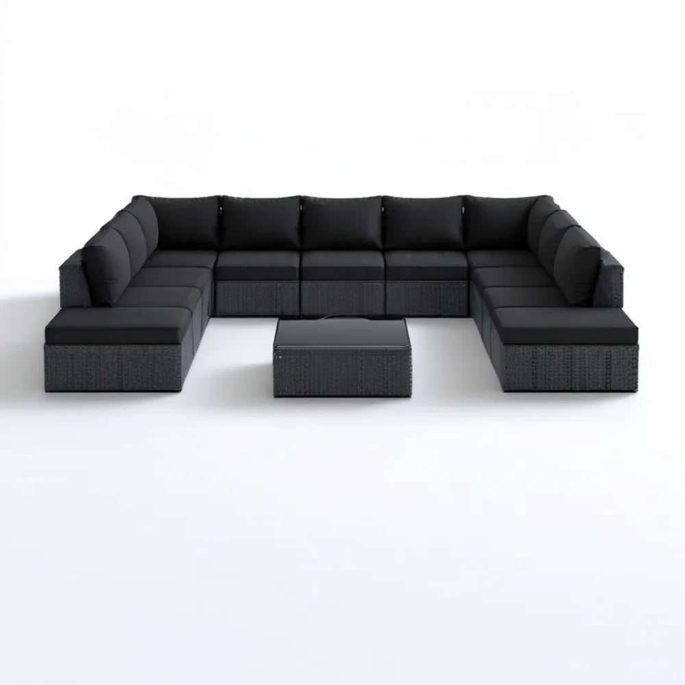 Modułowy zestaw mebli ogrodowych z technorattanu PE w kształcie U, czarny, 420 x 140 x 63 cm
