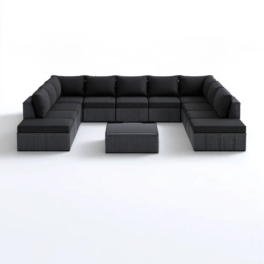 Modułowy zestaw mebli ogrodowych z technorattanu PE w kształcie U, czarny, 420 x 140 x 63 cm