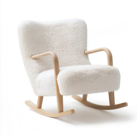 Kremowy fotel bujany bouclé z litego drewna 68 x 88 x 96 cm