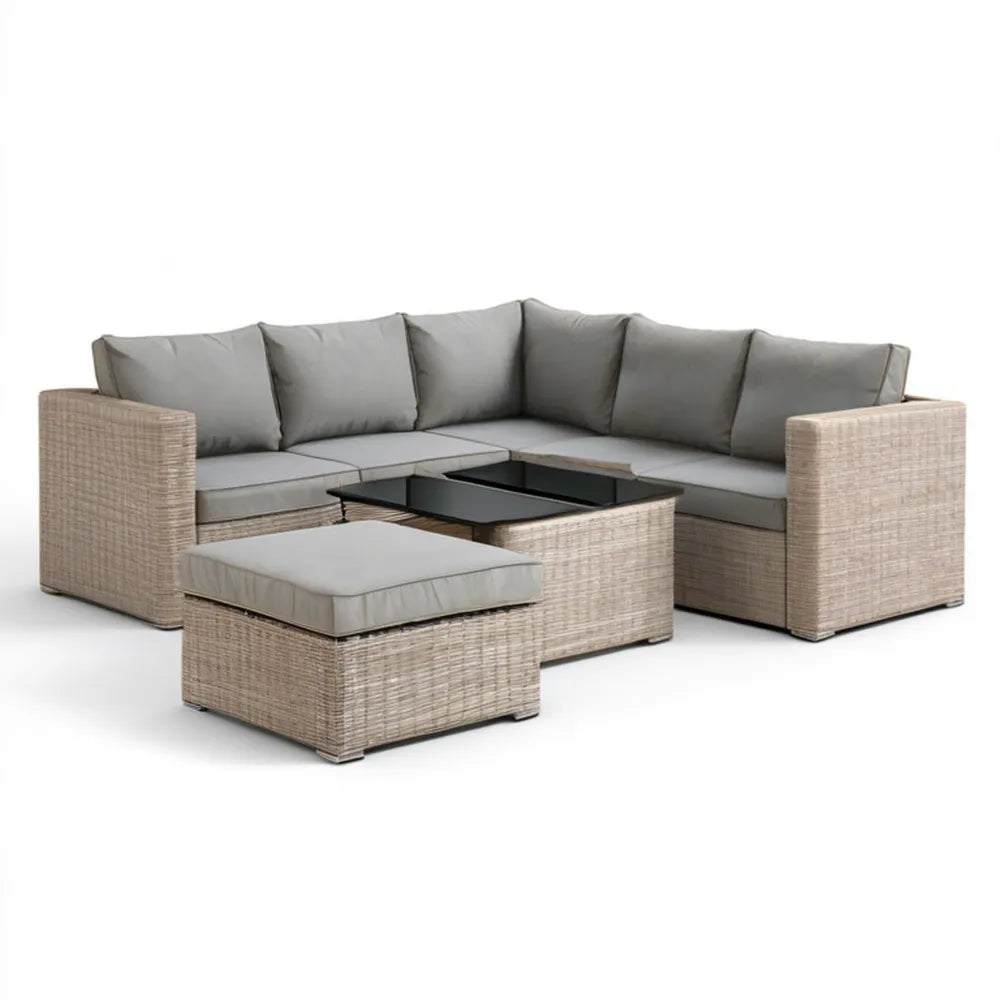 Beżowo-szary zestaw ogrodowy z technorattanu PE, sofa narożna 230 × 180 cm, stolik i pufa