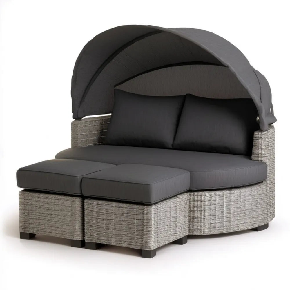 Dwuosobowa sofa ogrodowa z technorattanu PE z regulowanym daszkiem, 220 x 140 x 200 cm, szara/ciemnoszara/czarna