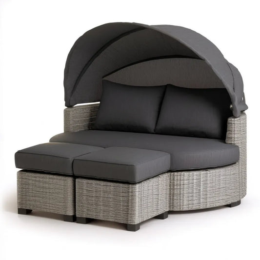 Dwuosobowa sofa ogrodowa z technorattanu PE z regulowanym daszkiem, 220 x 140 x 200 cm, szara/ciemnoszara/czarna